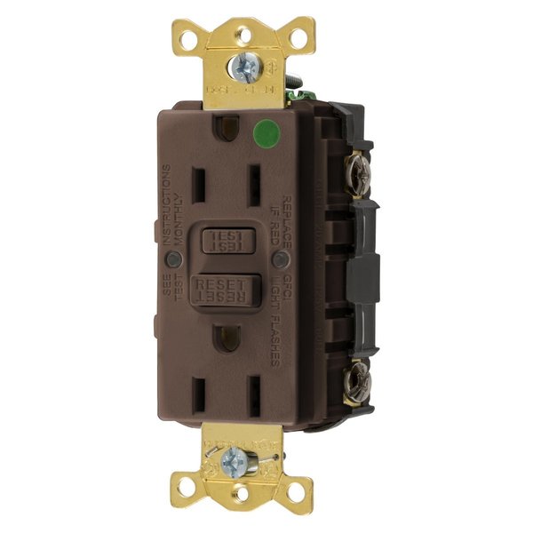 Bryant GFCI Receptacle, Self Test, Hospital Grade, 15A 125V, 2-Pole 3-Wire Grounding, 5-15R, Brown GFST82